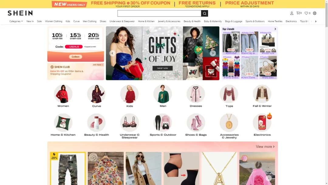 Shein website homepage showing various categories of women's fashion.