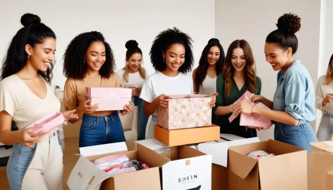 Young women unboxing SHEIN clothes, smiling and showcasing trendy fashion finds.