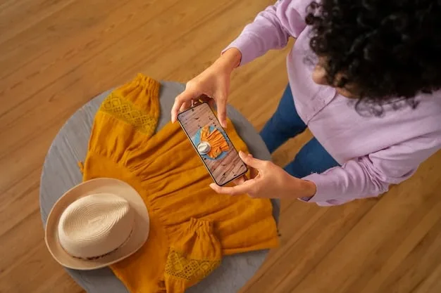 A person using a smartphone to take photos of clothes they plan to donate. The background shows a well-organized room with boxes labeled 'Clothes Donations' and 'Tax Records'. The lighting is bright, emphasizing the clarity and detail of the items being photographed.