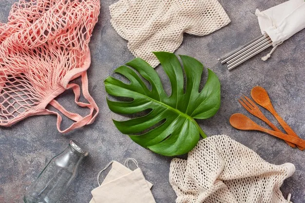 Close-up shot of different types of sustainable fabrics, such as organic cotton, hemp, bamboo, and recycled polyester, displayed in a visually appealing arrangement. Each fabric swatch is labeled with its name and key benefits.
