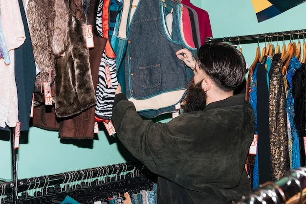 A person browsing through a well-organized rack of vintage clothing at a brightly lit thrift store in a trendy urban area. Other shoppers are visible in the background, also looking through the racks and trying on clothes.