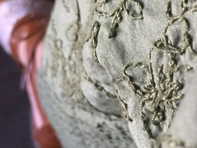 Close-up of a vintage dress, focusing on the fabric and stitching details. The image highlights the intricate craftsmanship and design of the vintage garment.