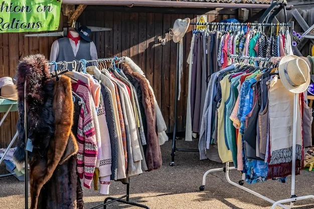 A well-organized rack of vintage clothing in a thrift store, with various colors and styles neatly arranged, emphasizing the potential for affordable finds.