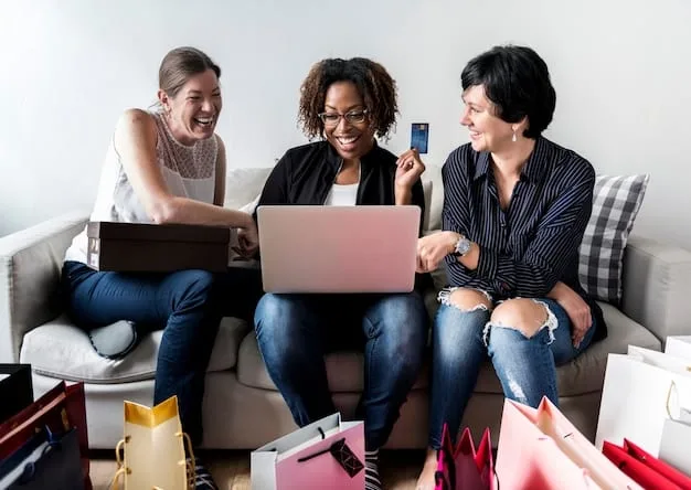 A group of diverse shoppers excitedly watching a SHEIN Live Shopping event on a tablet, with shopping bags and fashion magazines scattered around them, showing a communal and enjoyable shopping experience.