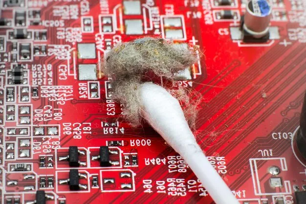 A close-up of a circuit board inside a Wi-Fi router, highlighting the complexity of the hardware and software components that require security regulations. Focus on the microchips and connection points, with a soft-focus background.