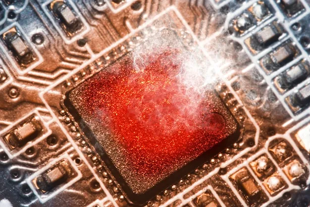 A detailed close-up of a quantum processor chip, showcasing the intricate connections and superconducting materials at cryogenic temperatures, highlighting the complex engineering required for quantum computing hardware.