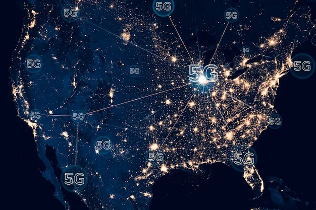 A map of the United States highlighting areas with limited or no broadband access. Overlaid on the map are 5G signal icons indicating potential coverage areas.