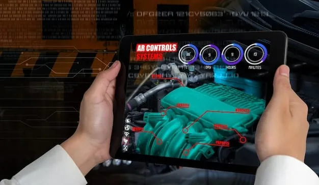 A mechanic using a tablet with an AR application to view a virtual overlay of a car engine. The AR application highlights specific parts of the engine and provides repair instructions.