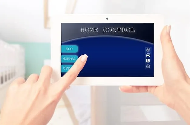 A sleek control panel of a smart home security system, displaying a user-friendly interface with options for arming/disarming the system, viewing camera feeds, and accessing system settings. The background shows a modern living room, indicating seamless integration with home decor.