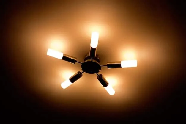 A close-up shot of a smart bulb installed in a modern lamp, highlighting its various color settings and the smartphone app interface used to control it. The background is blurred to focus on the technology and user interface.