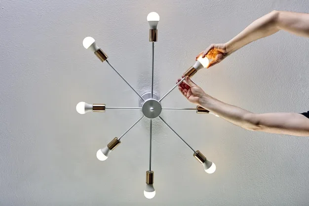 A close-up shot of a smart bulb being installed in a modern ceiling fixture. The bulb is partially screwed in, revealing its internal components. The background is slightly blurred to emphasize the bulb and the act of installation.