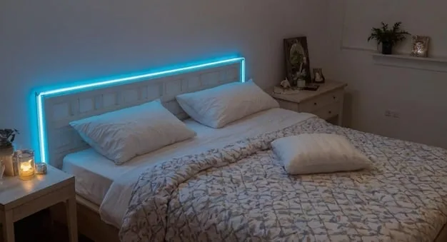 A modern bedroom with smart lighting, including LED strip lighting behind the headboard, smart bedside lamps, and automated blinds controlled by a smartphone app. The room is bathed in soft, warm light, creating a relaxing and inviting atmosphere.