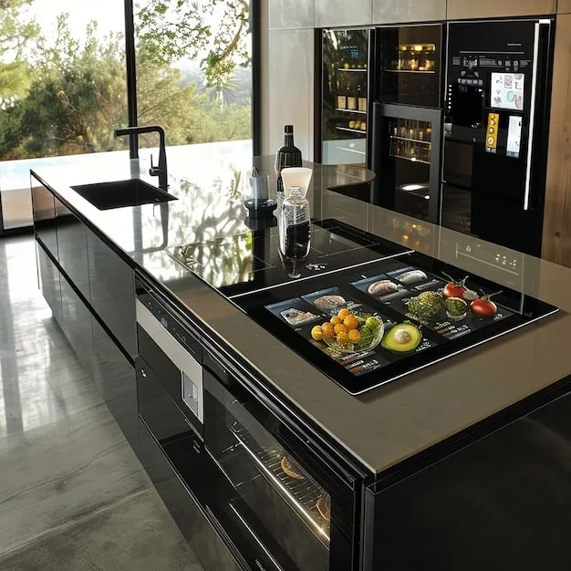 A sleek, modern kitchen featuring a smart refrigerator with a built-in display showing the contents inside. The refrigerator is integrated seamlessly into the cabinetry.