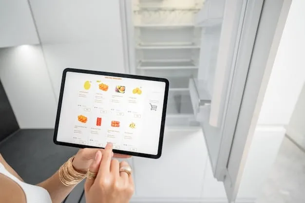 A clean, modern kitchen showing a smart refrigerator with an integrated screen displaying grocery lists and family schedules, along with smart enabled small appliances on the countertop, suggesting convenience and efficiency.