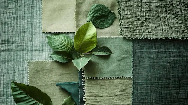 A detailed flat lay of sustainable fabric swatches in various textures and colors, with some showing recycled fiber content and natural dyes.