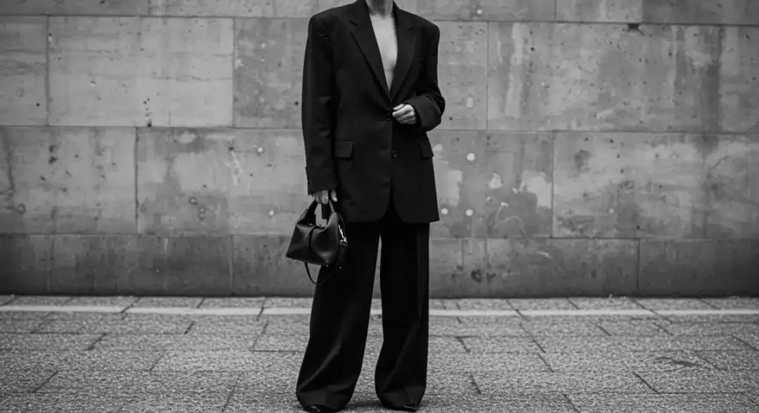 Woman in an oversized blazer and wide-leg trousers, exemplifying modern power dressing