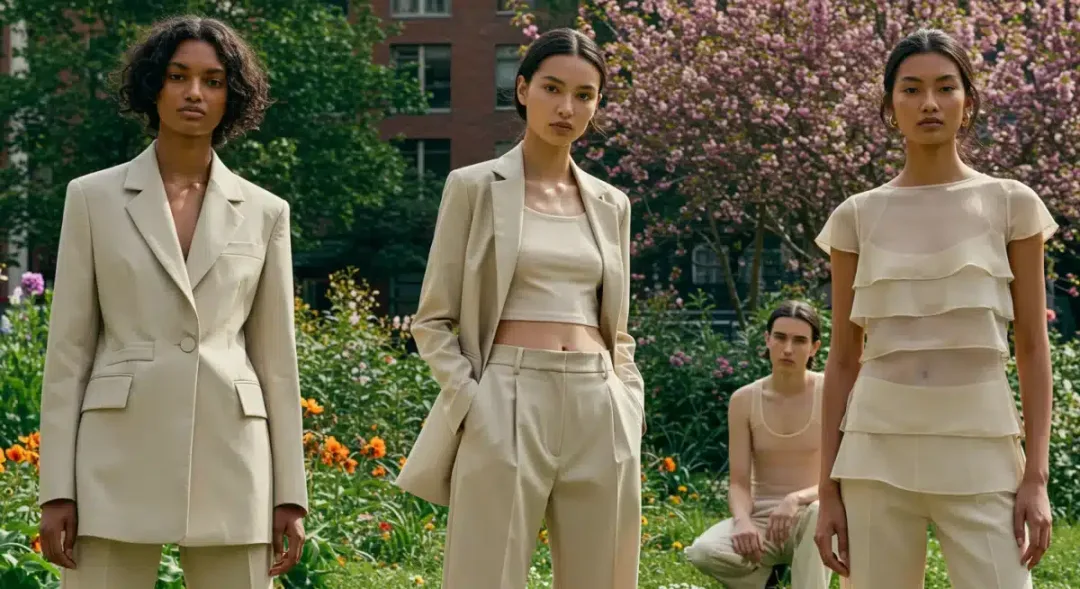 Models wearing Spring 2026 fashion trends: deconstructed blazer, wide-leg trousers, and sheer layered top