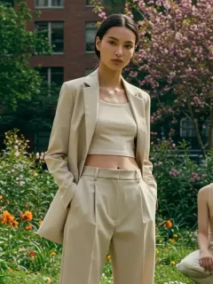 Models wearing Spring 2026 fashion trends: deconstructed blazer, wide-leg trousers, and sheer layered top