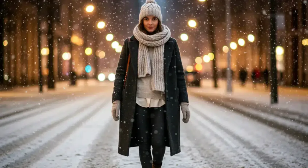 Woman in stylish layered winter outfit 2026