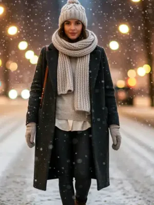 Woman in stylish layered winter outfit 2026