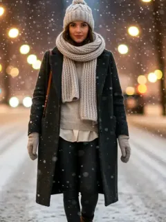 Woman in stylish layered winter outfit 2026