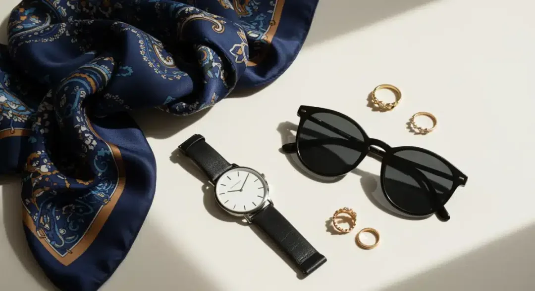 Assortment of versatile accessories like scarves, watches, and rings for outfit enhancement.