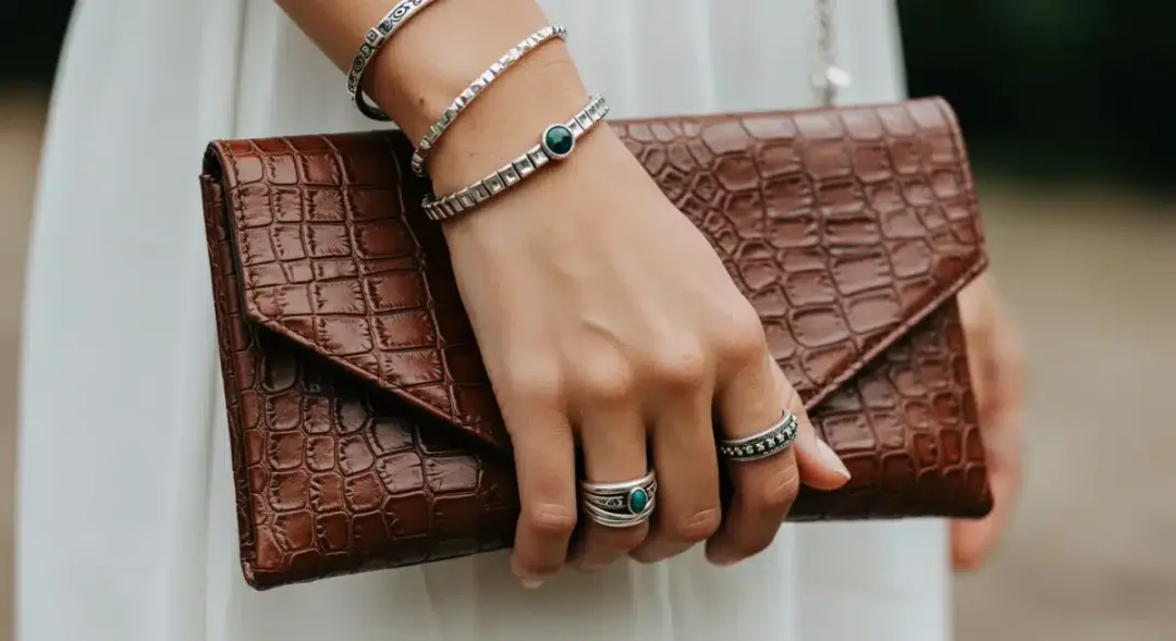 Detailed view of stacked rings, bracelet, and a textured clutch bag for an elevated look.