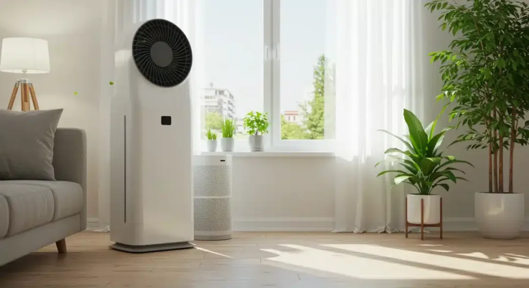 Modern living room with air purifier and green plants, symbolizing a healthier home environment.