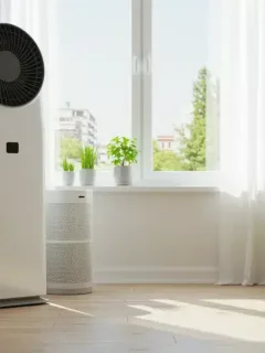 Modern living room with air purifier and green plants, symbolizing a healthier home environment.