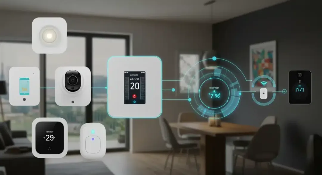 Integrated smart home ecosystem in a contemporary living room, highlighting seamless technology