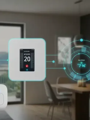 Integrated smart home ecosystem in a contemporary living room, highlighting seamless technology