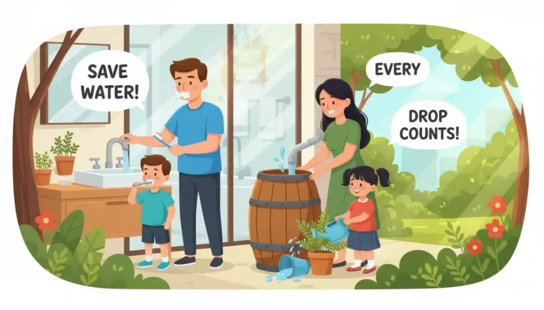 Family engaging in various water-saving activities at home, promoting water conservation.