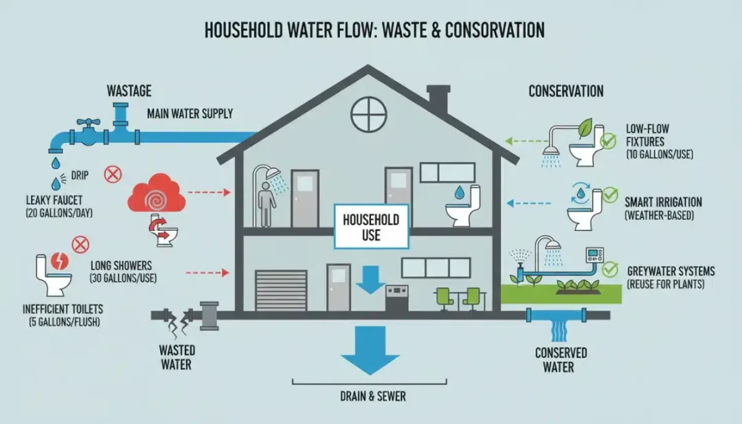 Household water flow diagram showing waste areas and conservation opportunities.