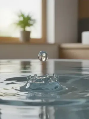 Water drop falling into clear water, representing home water conservation efforts.
