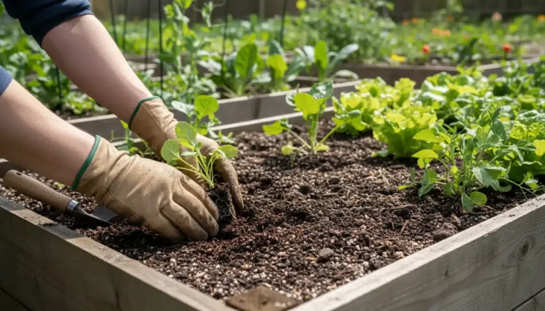 Gardener planting organic vegetable seedlings in a raised bed for an edible garden.
