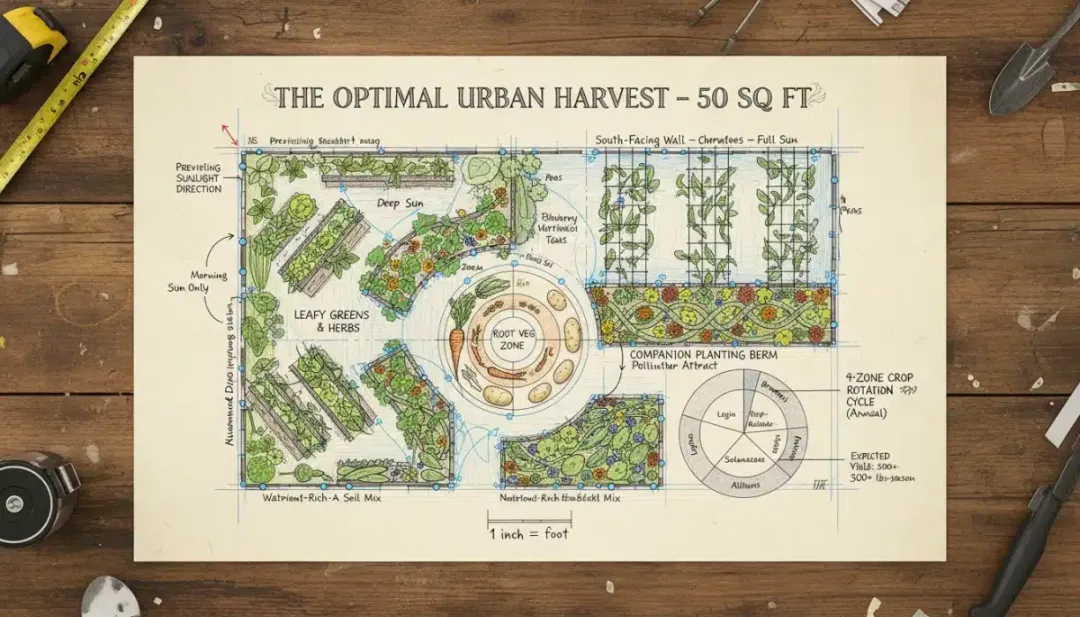 Detailed overhead view of a 50-square-foot edible garden layout plan with crop zones.