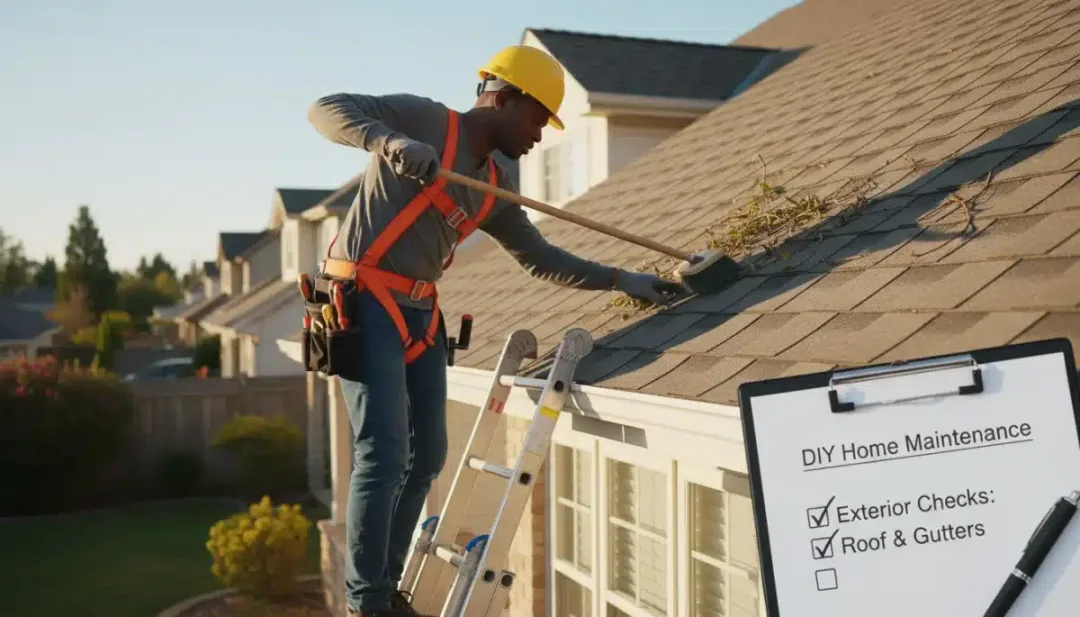 Homeowner inspecting roof for maintenance, emphasizing safety.
