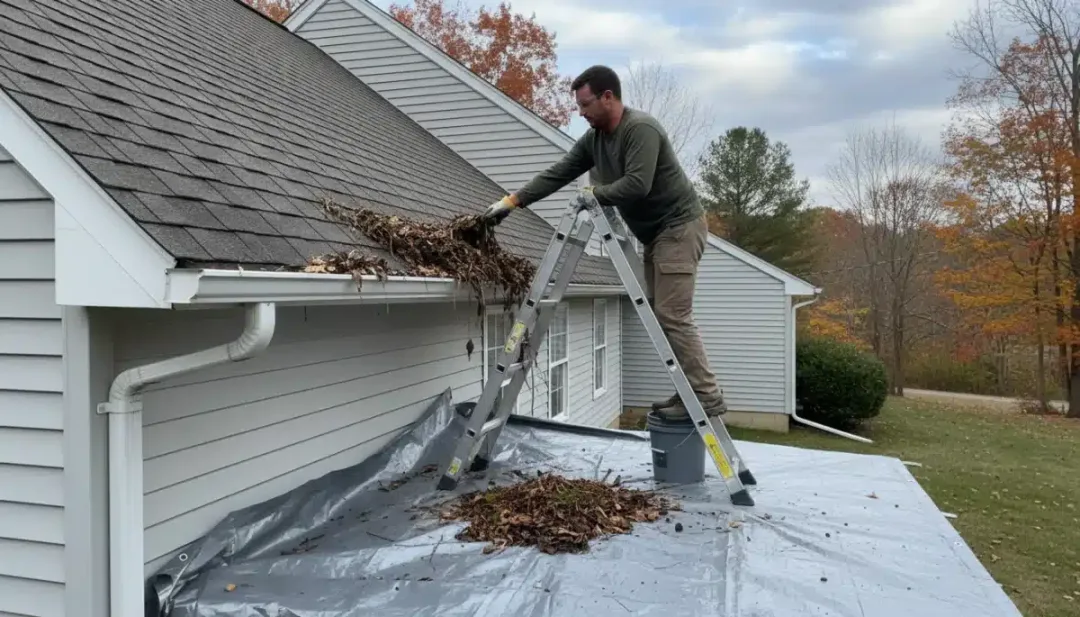Person cleaning clogged gutters, essential for home upkeep.