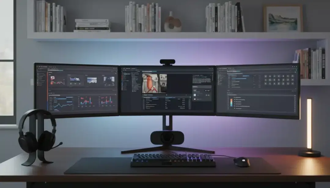 Advanced technology setup with multiple monitors and smart lighting in a home office