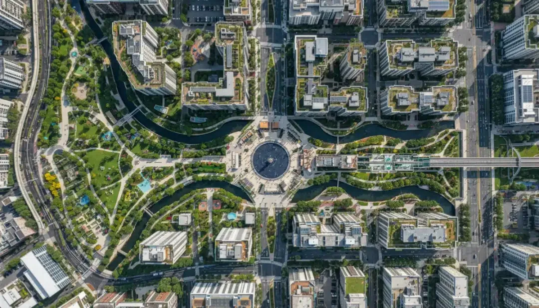 Aerial view of a master-planned community with parks and diverse housing options