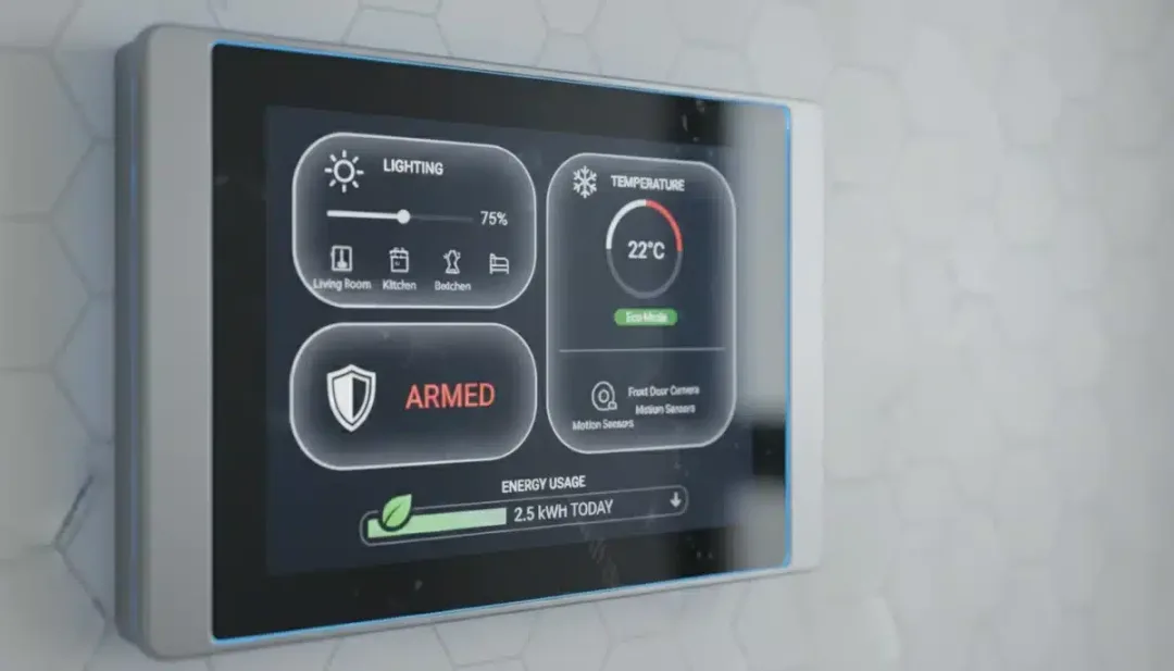Smart home control panel displaying energy management and security features