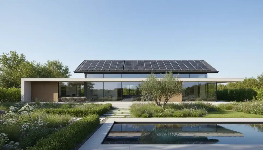 Modern home with solar panels and green landscaping, symbolizing long-term value