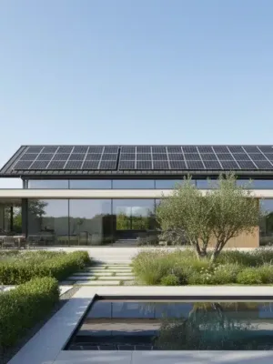 Modern home with solar panels and green landscaping, symbolizing long-term value