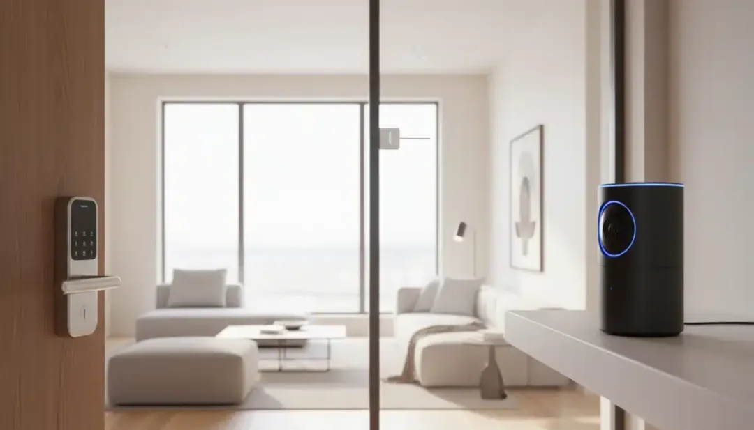 Smart home interior with integrated security camera, smart lock, and window sensor