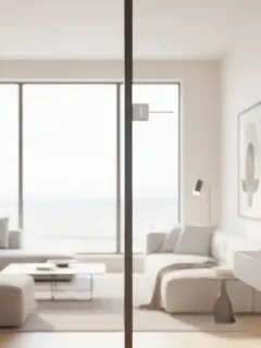 Smart home interior with integrated security camera, smart lock, and window sensor