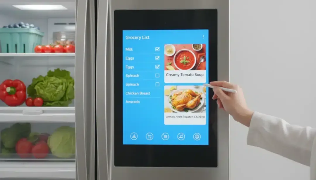 User interacting with a smart refrigerator's touch screen, managing groceries and recipes.