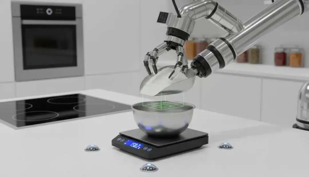 Robotic kitchen arm precisely measuring ingredients for automated cooking in a modern kitchen.