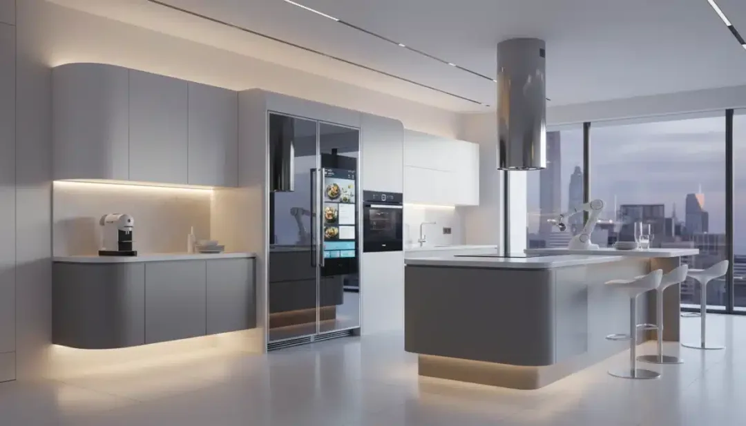 Futuristic kitchen with smart appliances, including a digital refrigerator and oven, embodying modern home technology.
