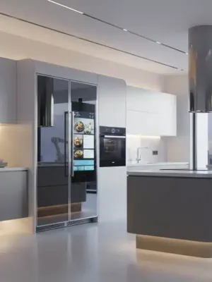 Futuristic kitchen with smart appliances, including a digital refrigerator and oven, embodying modern home technology.