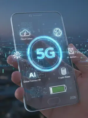 Futuristic smartphone with 5G icon and holographic apps